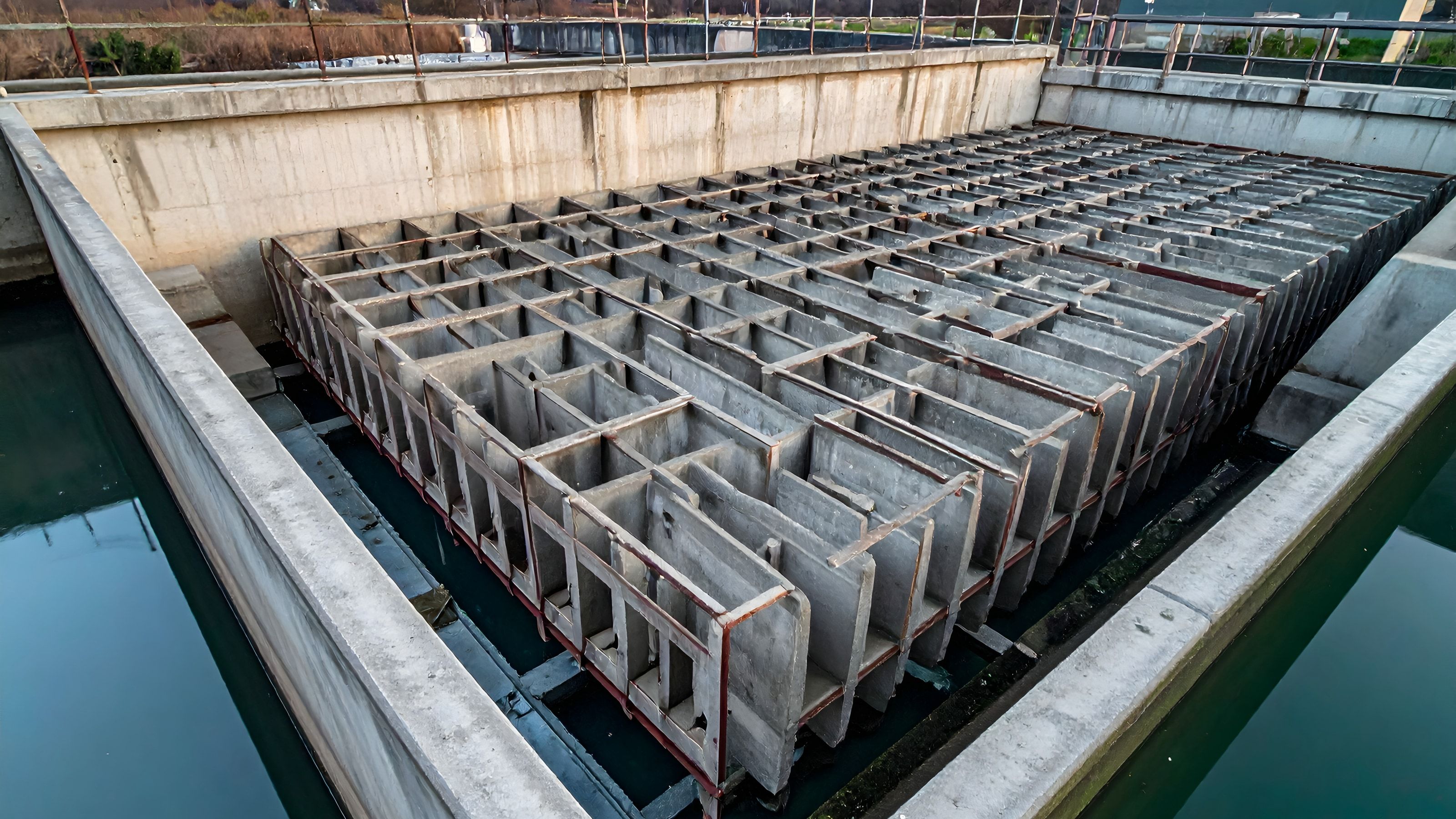 Balsa de hormigón con decantador lamelar para separar los finos del agua